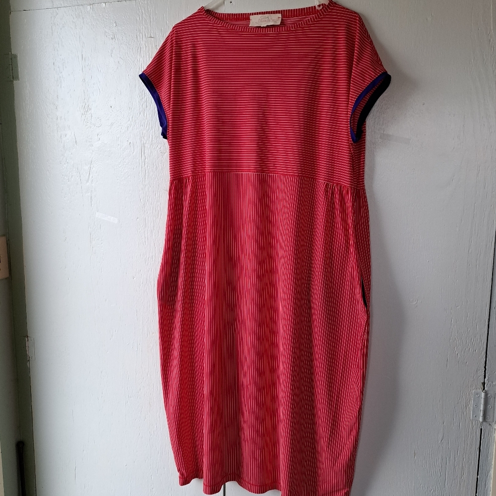 Chiara Cocol Milano Red & White Striped Midi Dress with Blue Trim SZ L
